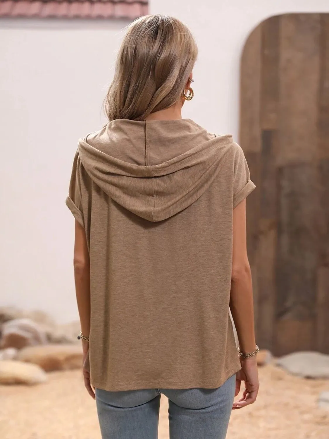 Half Button Hooded Short Sleeve Blouse (4 Colors)
