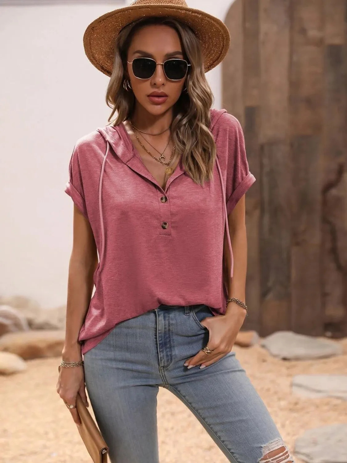 Half Button Hooded Short Sleeve Blouse (4 Colors)