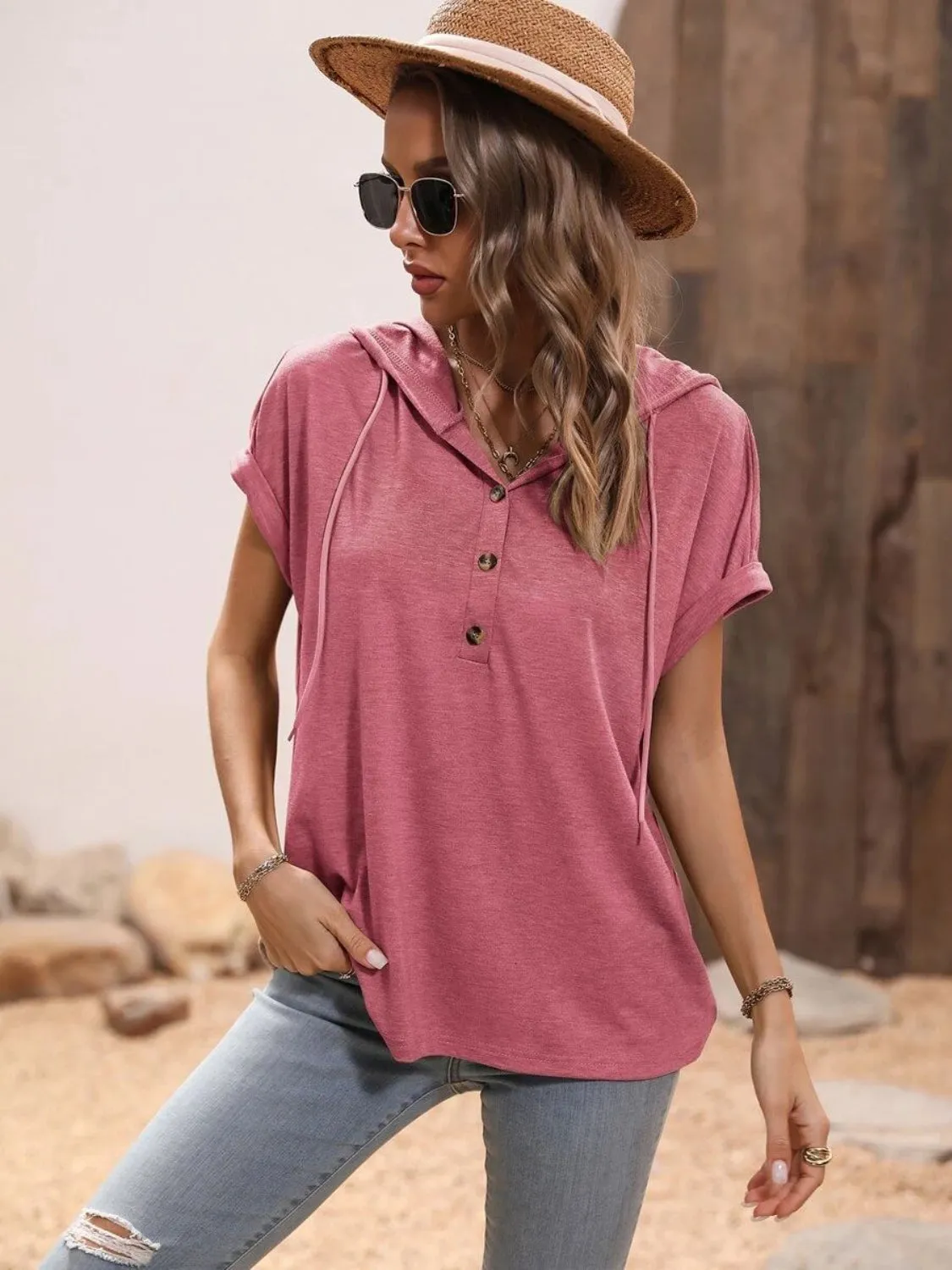 Half Button Hooded Short Sleeve Blouse (4 Colors)