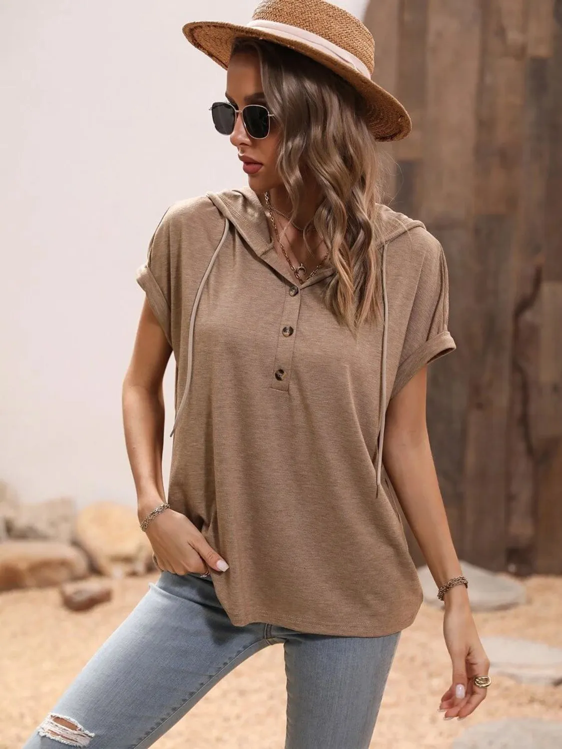 Half Button Hooded Short Sleeve Blouse (4 Colors)