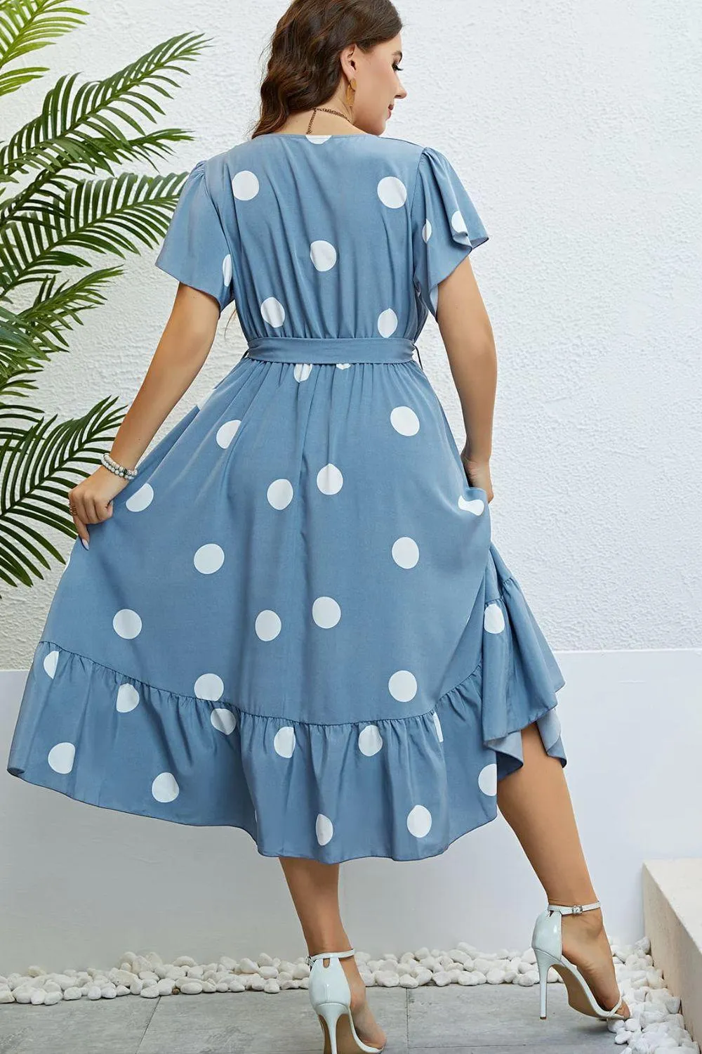 Hazel Blues® |  Polka Dot Belted Flutter Sleeve Ruffle Hem Dress