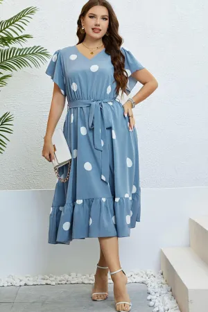 Hazel Blues® |  Polka Dot Belted Flutter Sleeve Ruffle Hem Dress