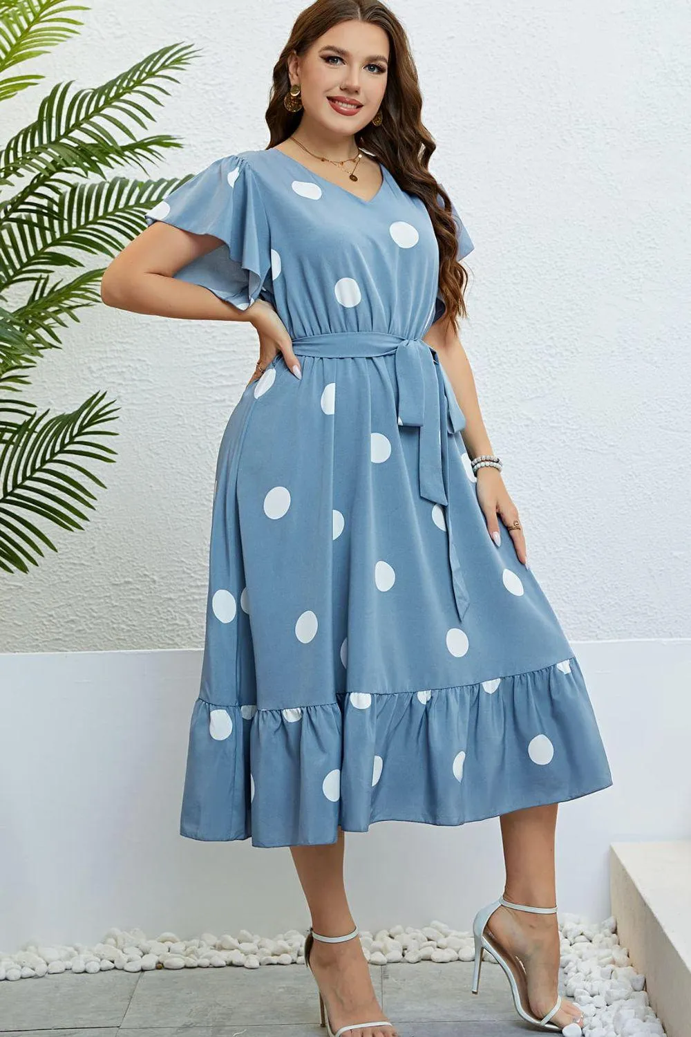 Hazel Blues® |  Polka Dot Belted Flutter Sleeve Ruffle Hem Dress