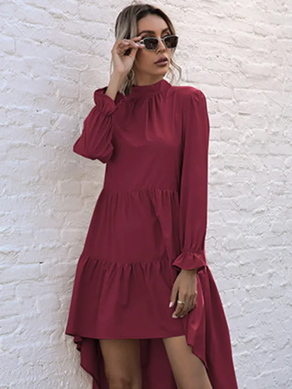 High-Low Hem Long Sleeve Dress with Half Turtleneck