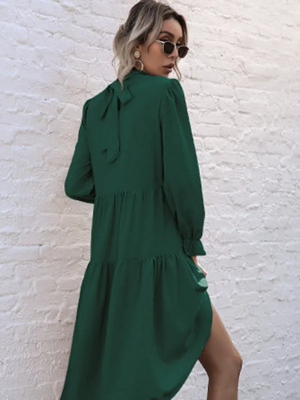 High-Low Hem Long Sleeve Dress with Half Turtleneck