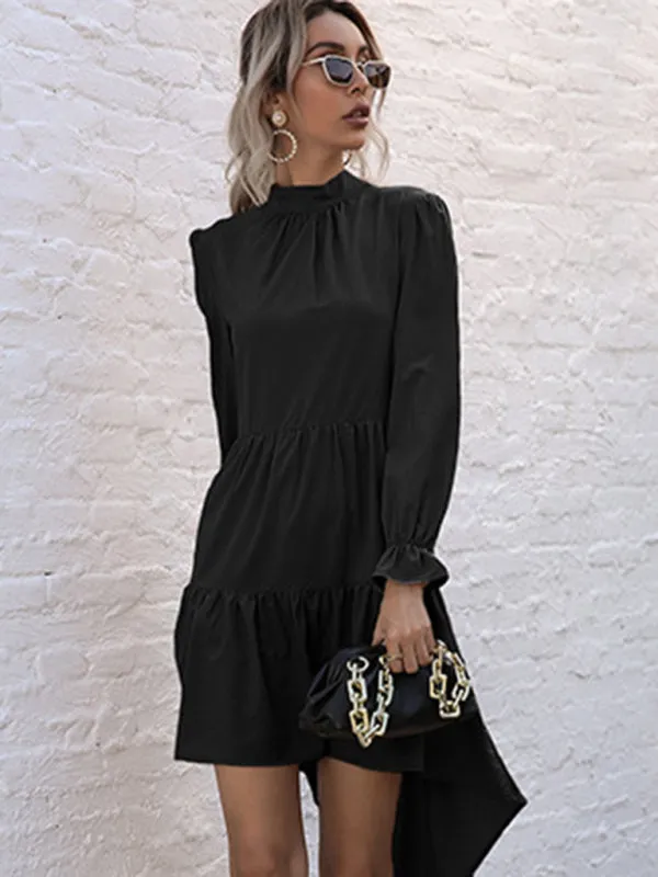 High-Low Hem Long Sleeve Dress with Half Turtleneck