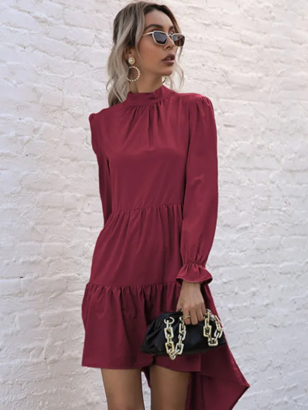 High-Low Hem Long Sleeve Dress with Half Turtleneck