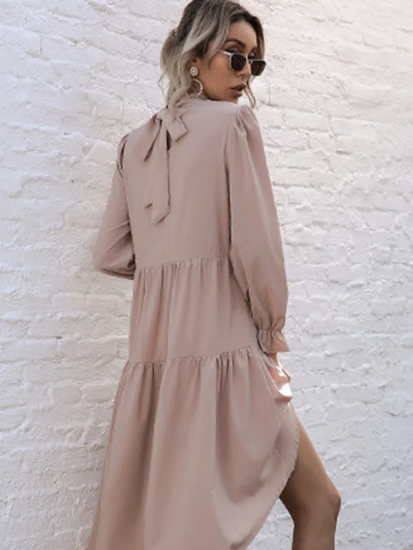 High-Low Hem Long Sleeve Dress with Half Turtleneck