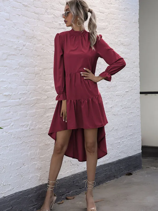 High-Low Hem Long Sleeve Dress with Half Turtleneck