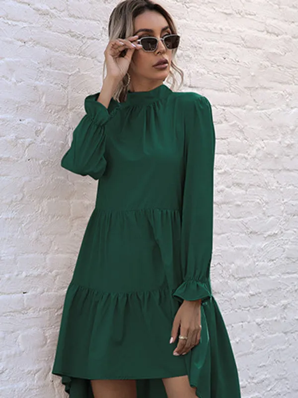 High-Low Hem Long Sleeve Dress with Half Turtleneck