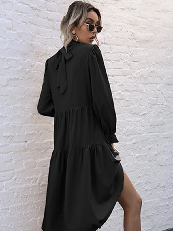 High-Low Hem Long Sleeve Dress with Half Turtleneck