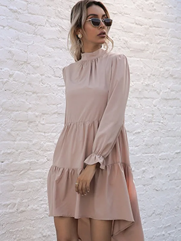High-Low Hem Long Sleeve Dress with Half Turtleneck