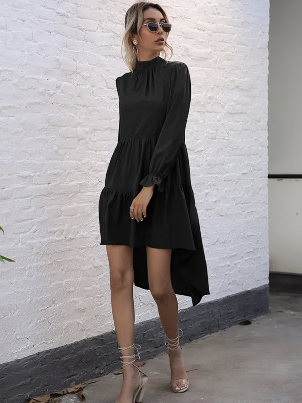 High-Low Hem Long Sleeve Dress with Half Turtleneck