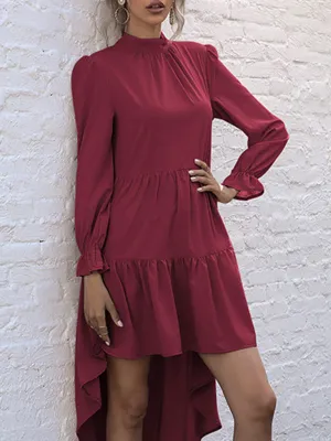 High-Low Hem Long Sleeve Dress with Half Turtleneck