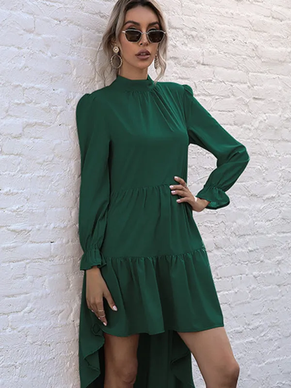 High-Low Hem Long Sleeve Dress with Half Turtleneck