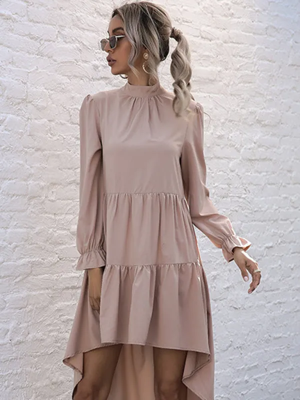 High-Low Hem Long Sleeve Dress with Half Turtleneck