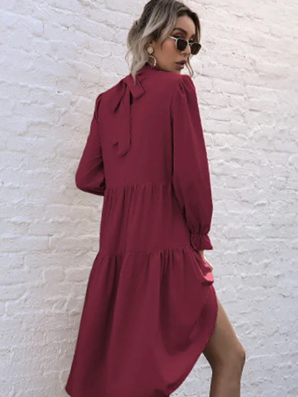 High-Low Hem Long Sleeve Dress with Half Turtleneck