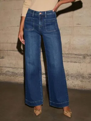High Rise Front Pocket Patch Wide Leg Jeans S-2XL