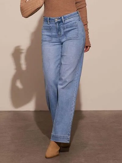 High Rise Front Pocket Patch Wide Leg Jeans S-2XL