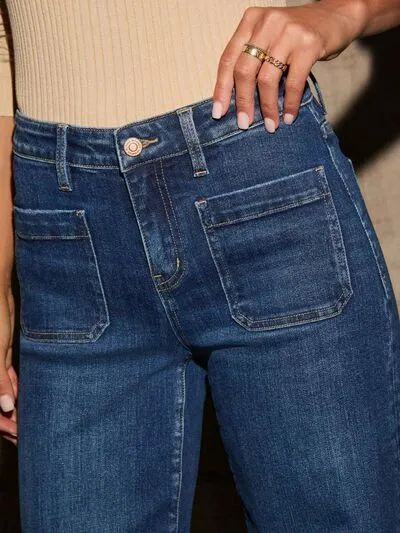 High Rise Front Pocket Patch Wide Leg Jeans S-2XL