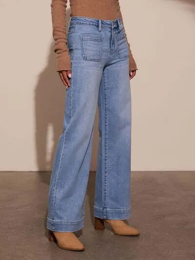 High Rise Front Pocket Patch Wide Leg Jeans S-2XL