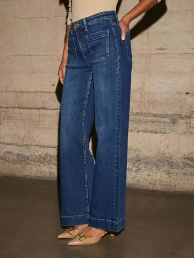 High Rise Front Pocket Patch Wide Leg Jeans S-2XL