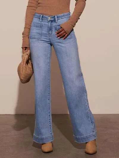 High Rise Front Pocket Patch Wide Leg Jeans S-2XL