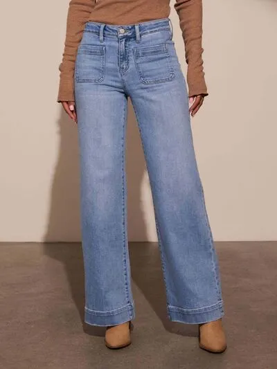 High Rise Front Pocket Patch Wide Leg Jeans S-2XL