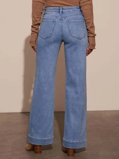 High Rise Front Pocket Patch Wide Leg Jeans S-2XL