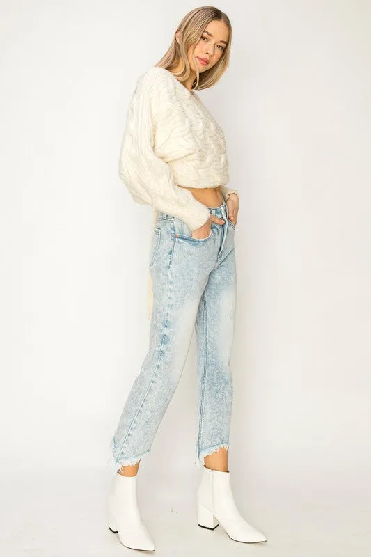 HIGH RISE STRETCH CROP FLARE WITH FRAYED HEM JEANS