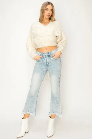 HIGH RISE STRETCH CROP FLARE WITH FRAYED HEM JEANS