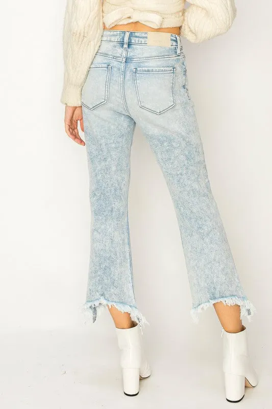 HIGH RISE STRETCH CROP FLARE WITH FRAYED HEM JEANS