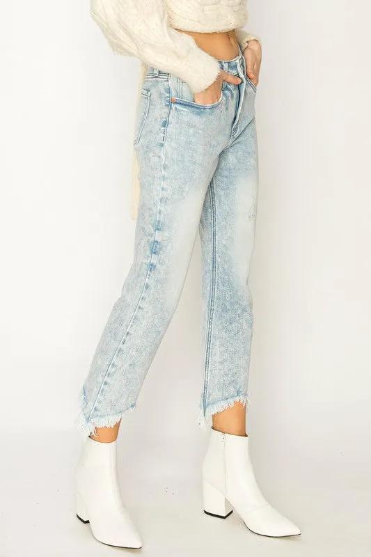 HIGH RISE STRETCH CROP FLARE WITH FRAYED HEM JEANS