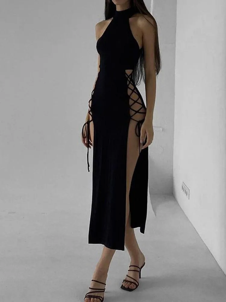 High Split Sexy Bandage Gothic Halter Slim Midi Dress Black