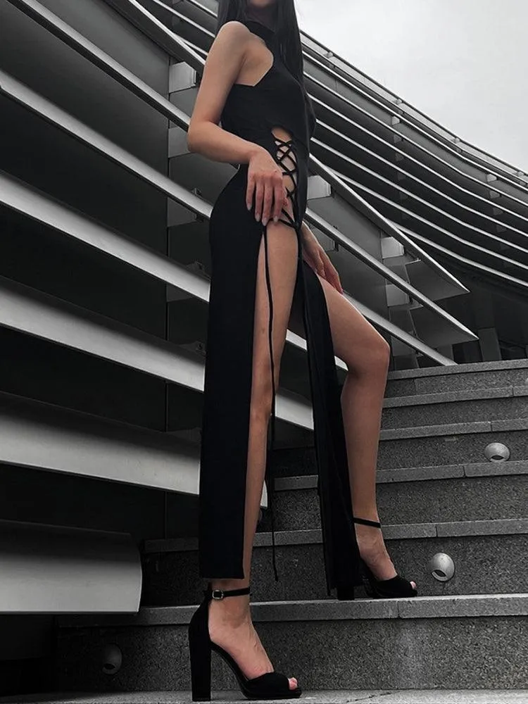 High Split Sexy Bandage Gothic Halter Slim Midi Dress Black