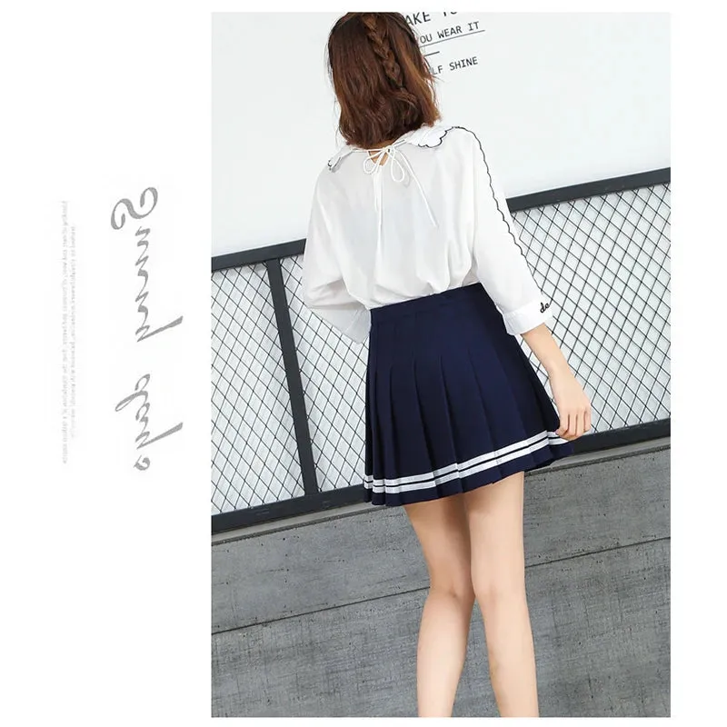 High Waist Pleated Kawaii Harajuku Skirt | Lolita A-Line Sailor Skirt for Women & Girls | Preppy School Uniform