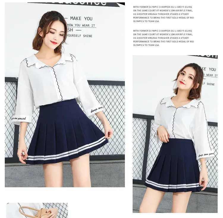 High Waist Pleated Kawaii Harajuku Skirt | Lolita A-Line Sailor Skirt for Women & Girls | Preppy School Uniform