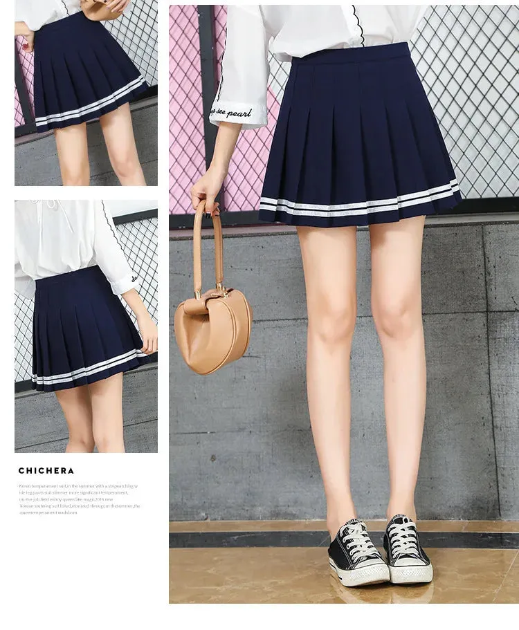 High Waist Pleated Kawaii Harajuku Skirt | Lolita A-Line Sailor Skirt for Women & Girls | Preppy School Uniform