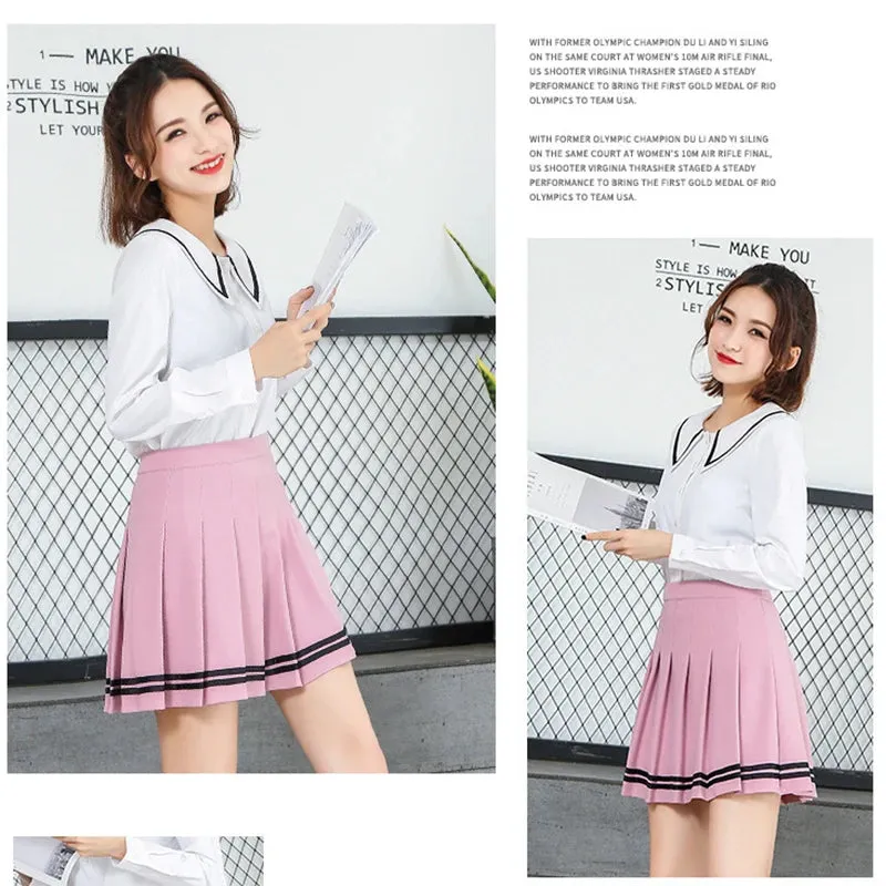 High Waist Pleated Kawaii Harajuku Skirt | Lolita A-Line Sailor Skirt for Women & Girls | Preppy School Uniform