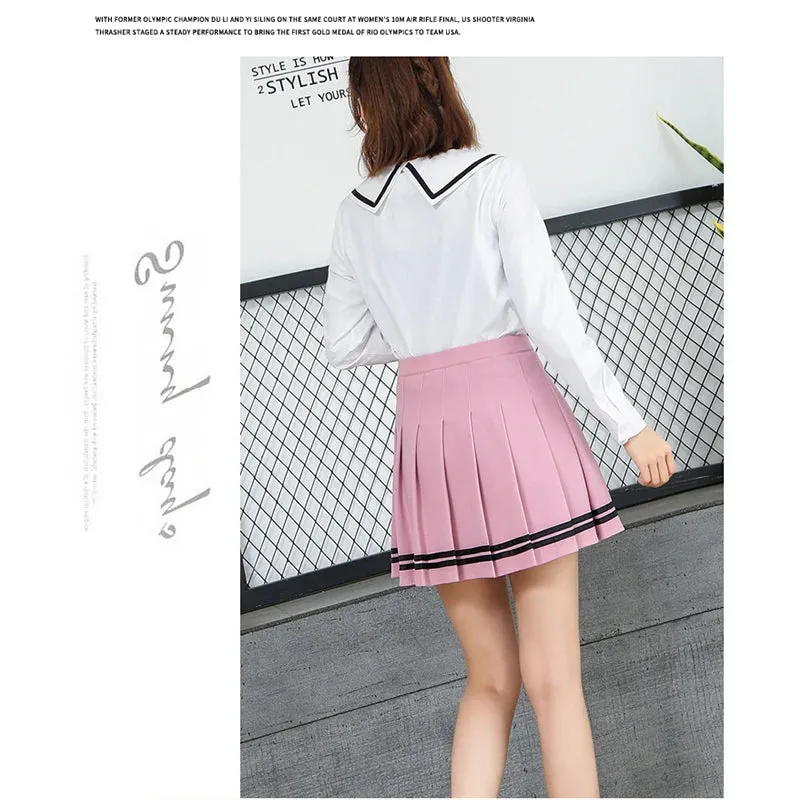 High Waist Pleated Kawaii Harajuku Skirt | Lolita A-Line Sailor Skirt for Women & Girls | Preppy School Uniform