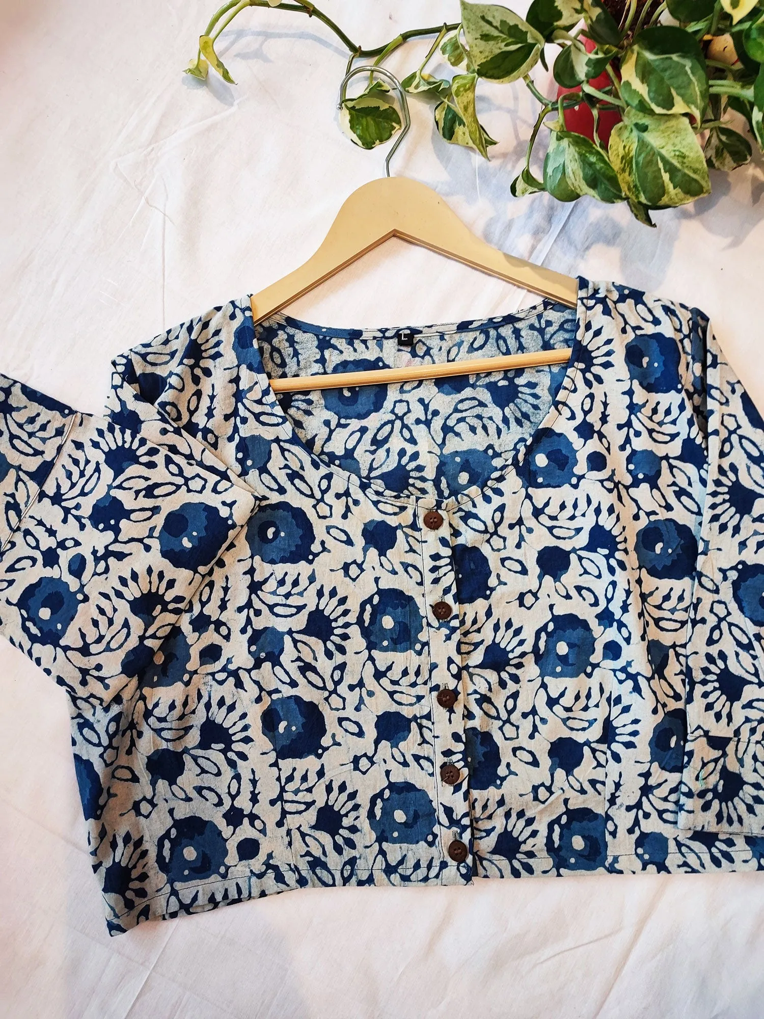 Indigo & White Cotton Handblock Printed Contemporary Blouse/ Crop Top