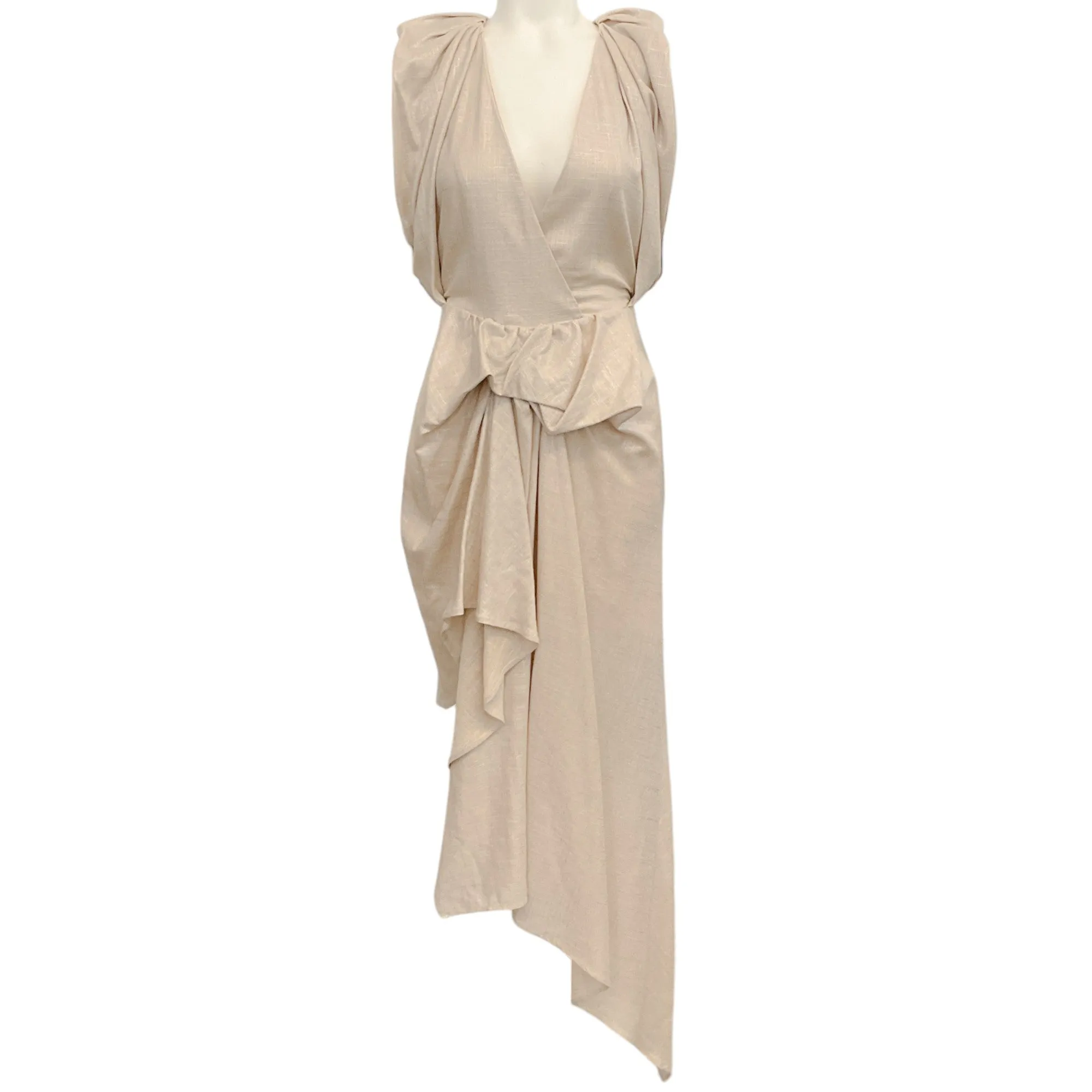 Iro Ecru / Gold Lame Linen Cloven Asymmetrical Hem Dress
