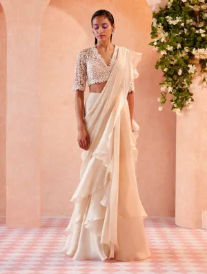 Ivory Arsema Ruffle Draped Saree And Blouse