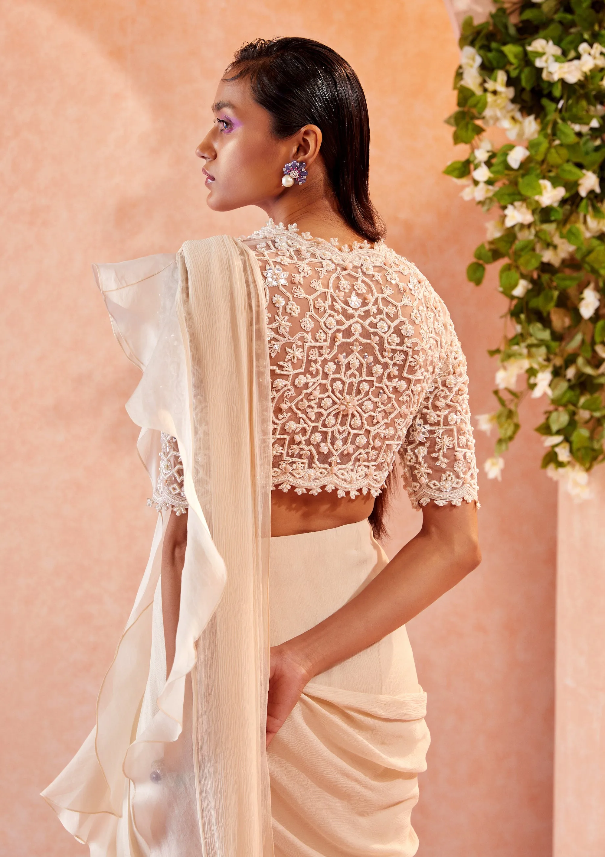 Ivory Arsema Ruffle Draped Saree And Blouse