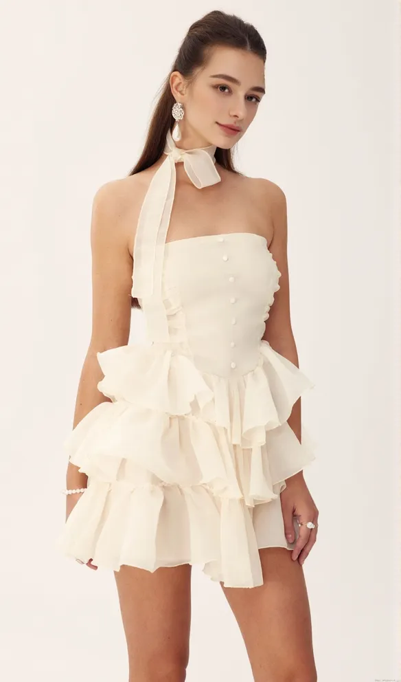 JANICE STRAPLESS RUFFLE MINI CHIFFON DRESS IN BEIGE