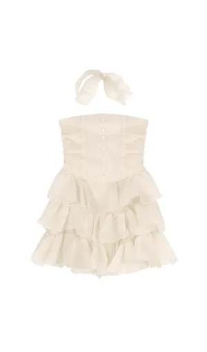 JANICE STRAPLESS RUFFLE MINI CHIFFON DRESS IN BEIGE