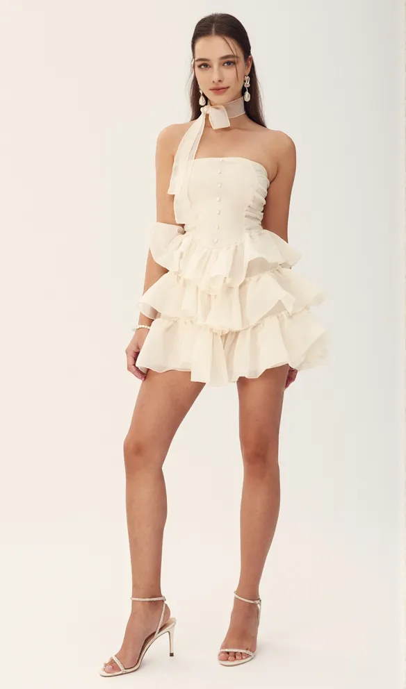 JANICE STRAPLESS RUFFLE MINI CHIFFON DRESS IN BEIGE
