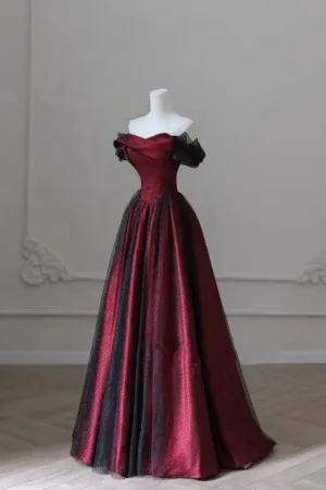 JazzHer Elegant A Line Off The Shoulder Burgundy Tulle Prom Dresses With Ruffle Long Evening Dress (PRE-ORDER)
