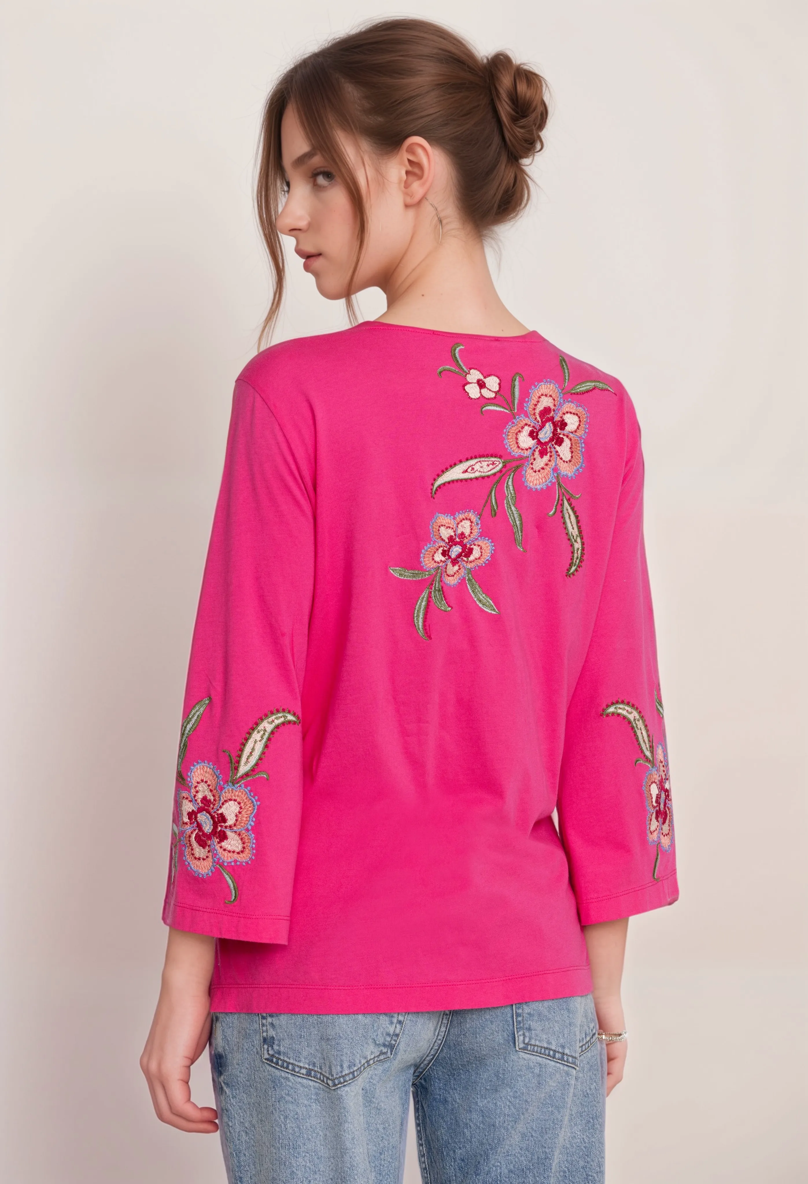 Johnny Was JWLA Libbi 3/4 Sleeve Button Front Tee J13124 Boho Chic *