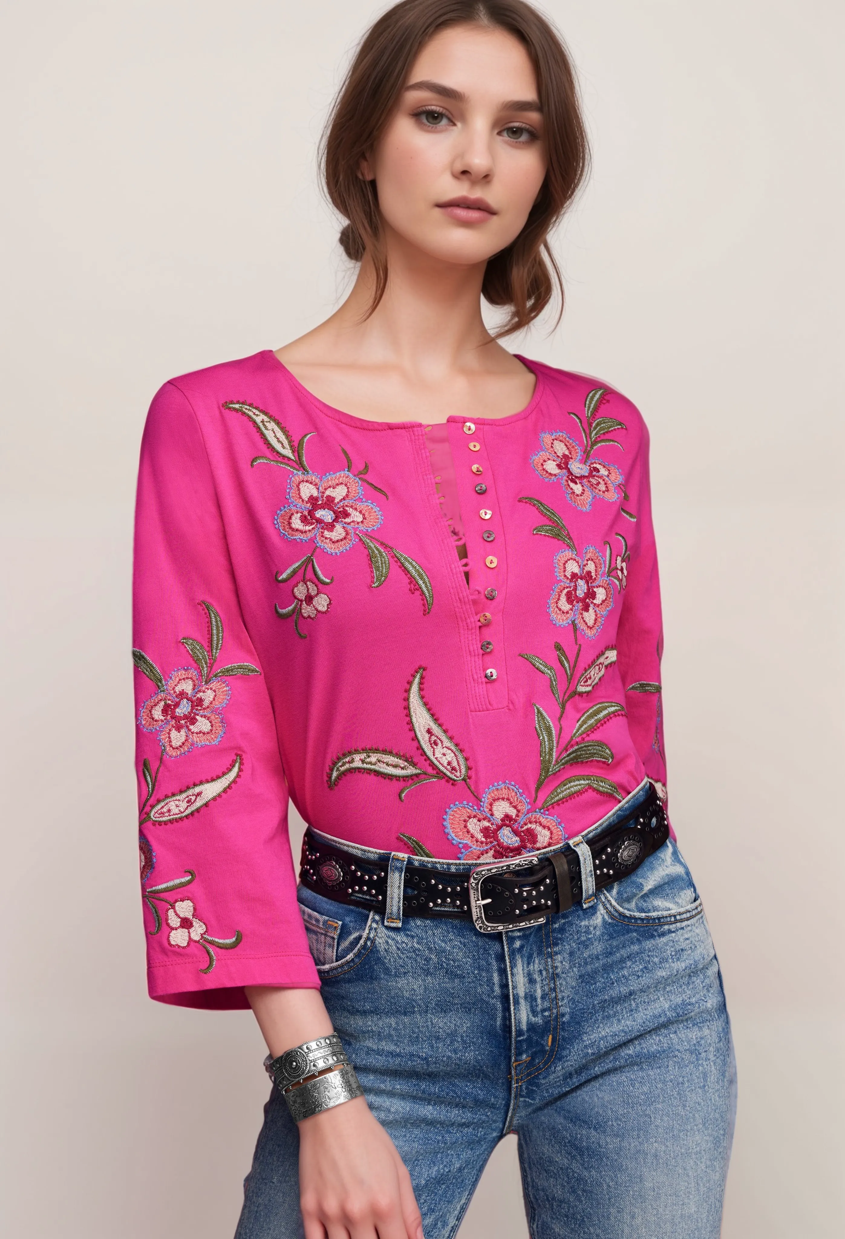 Johnny Was JWLA Libbi 3/4 Sleeve Button Front Tee J13124 Boho Chic *